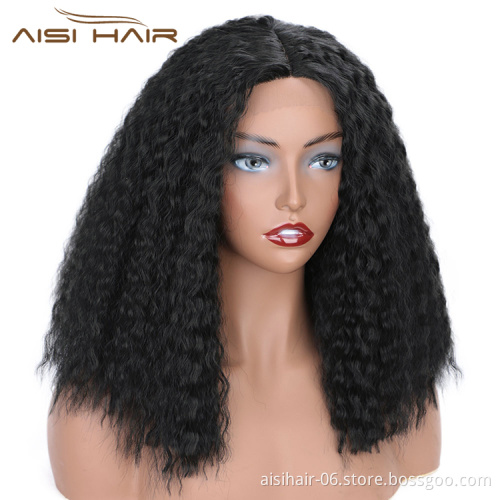 Aisi Hair Cheap Medium Long Natural Black Afro Curly Kinky Front Lace Wig Synthetic Lace Front Wig Hair Wigs For Black Women
